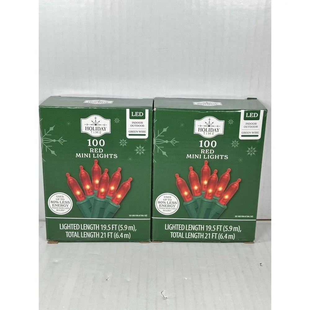 Lot Of 2 Holiday Time 100 Red Mini LED Christmas Lights Strand Green Wire NEW